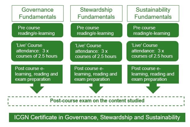 A diagram showing the structure of the ICGN Certificate in Governance, Stewardship and Sustainability; essentially, this is made up of three courses, Governance Fundamentals, Stewardship Fundamentals and Sustainability Fundamentals, each of which is composed of pre-course reading, live online sessions and post-course reading/study, followed by an optional exam